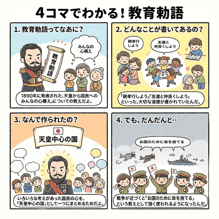 教育勅語について説明する4コマ漫画