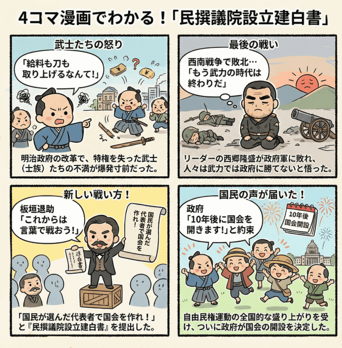民選議員設立建白書について説明する4コマ漫画
