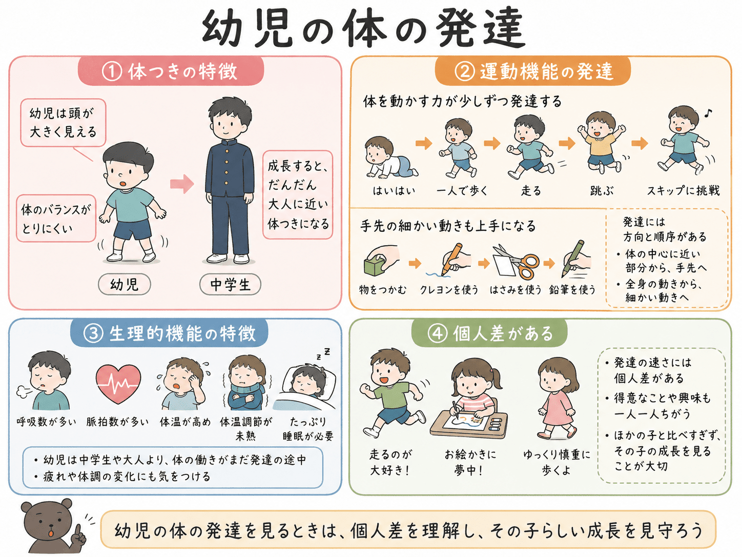 幼児の体の発達について、体つきの特徴、運動機能、生理的機能、個人差の4つに分けてまとめた中学生向け図解
