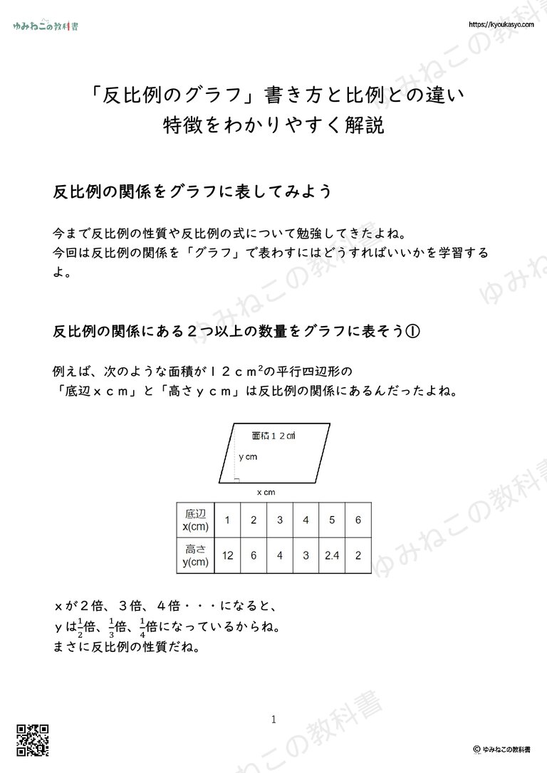 「反比例の式」反比例の関係の式 決まった数の求め方（練習問題）