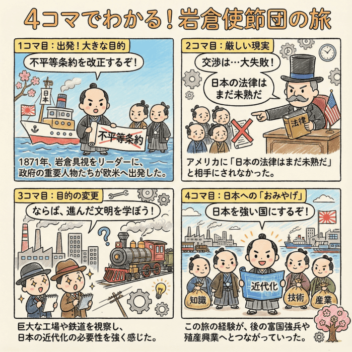 岩倉使節団について説明する4コマ漫画