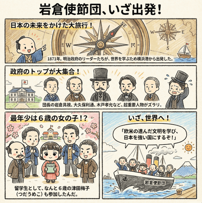 岩倉使節団の出発について説明する4コマ漫画