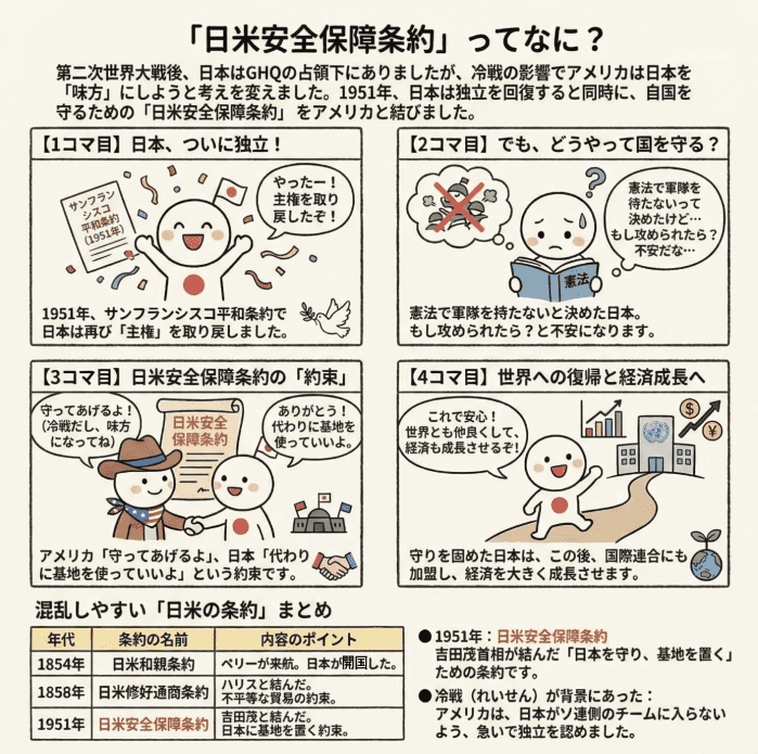 日米安全保障条約を説明する小学生向けの四コマイラスト