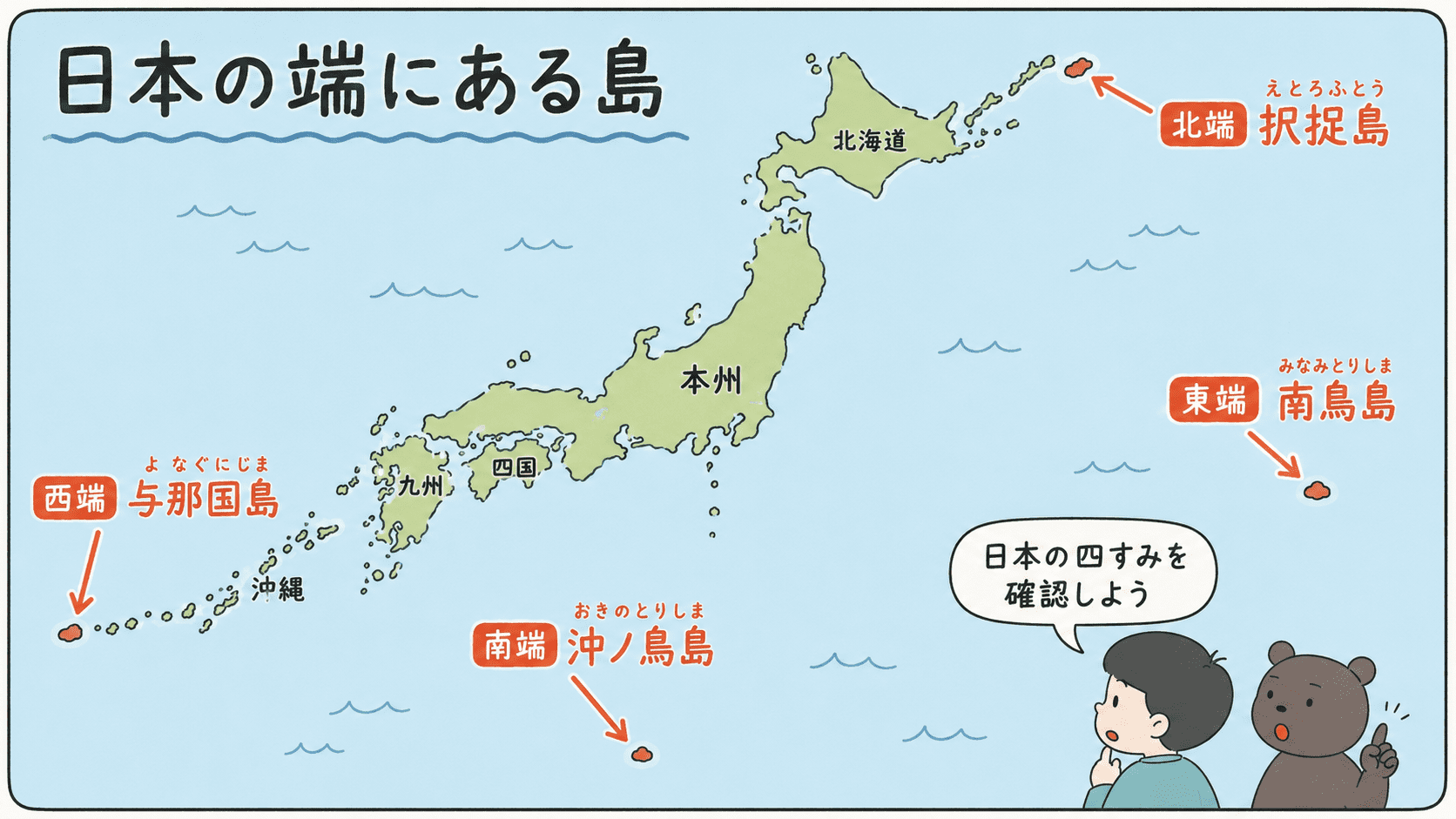 日本の北端・南端・東端・西端にある島を整理した地図図解