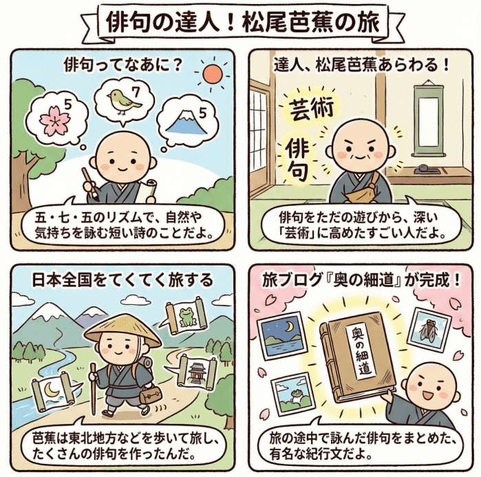 江戸時代の俳句と松尾芭蕉について説明する図解4コマ漫画