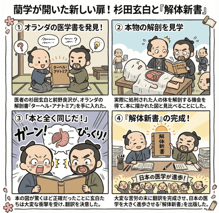 江戸時代の蘭学・杉田玄白・解体新書について説明する図解4コマ漫画