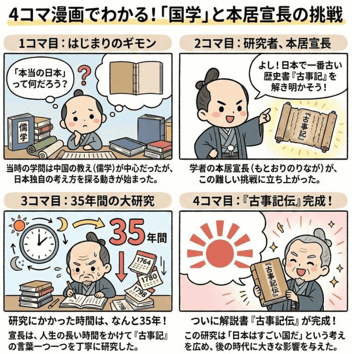 江戸時代の国学と本居宣長について説明する図解4コマ漫画