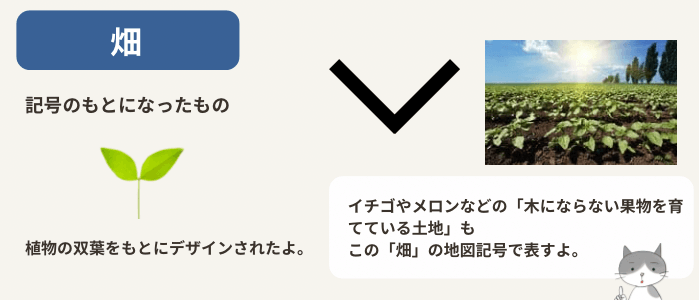 畑の地図記号と、その由来を説明する図解イラスト