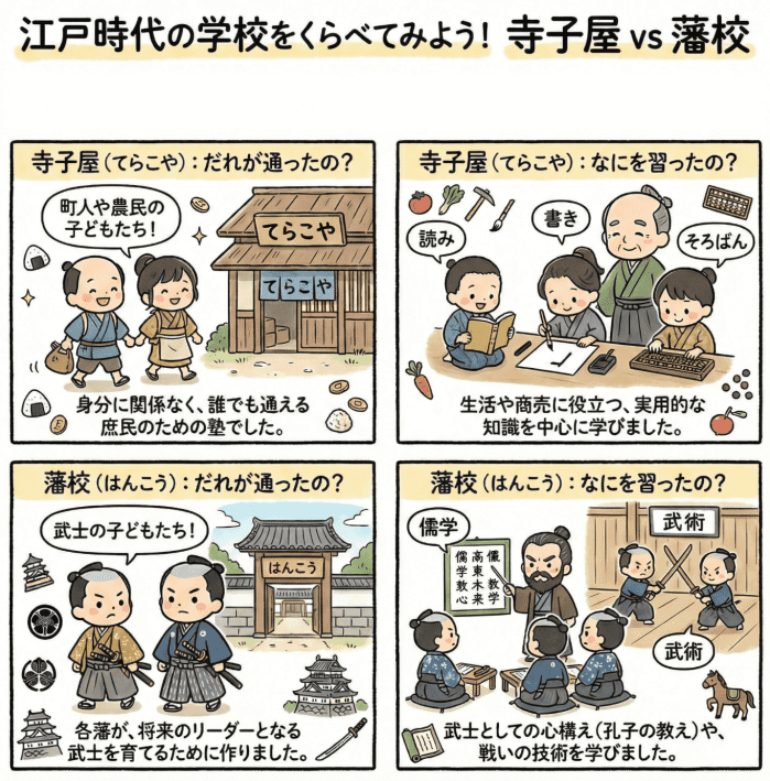 江戸時代の寺子屋と藩校について説明する図解4コマ漫画