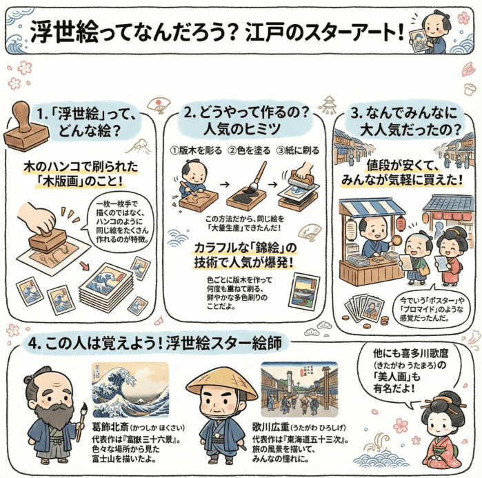 江戸時代の浮世絵について説明する図解4コマ漫画
