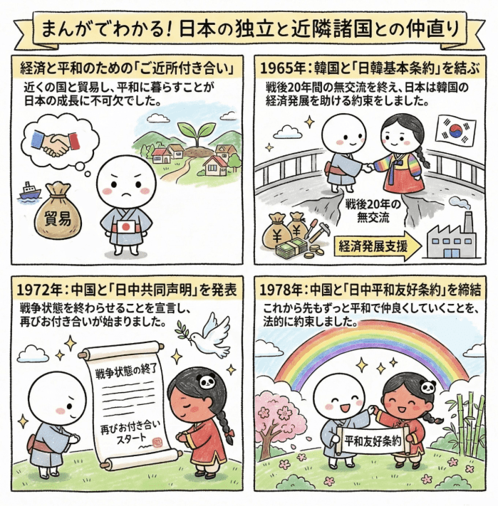 日本の独立と近隣諸国との仲直りについて説明する小学生向けの四コマ漫画