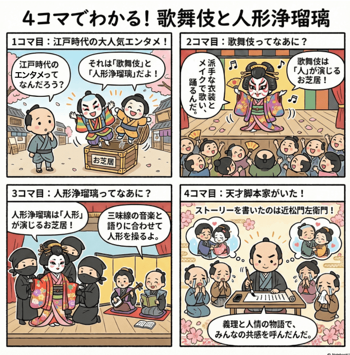 江戸時代の歌舞伎と浄瑠璃について説明する図解4コマ漫画