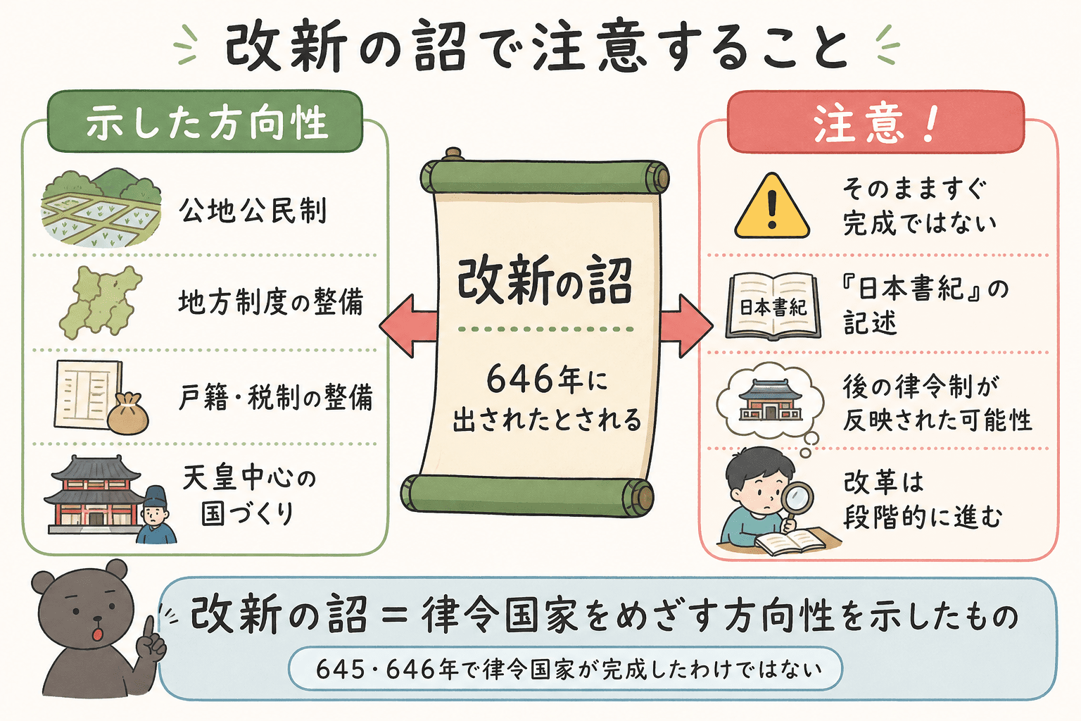 646年の改新の詔は公地公民制などの改革方針を示したとされるが、日本書紀の記述には後の律令制の内容が反映された可能性があり、そのまますべて実行されたと考えないことを示す図解