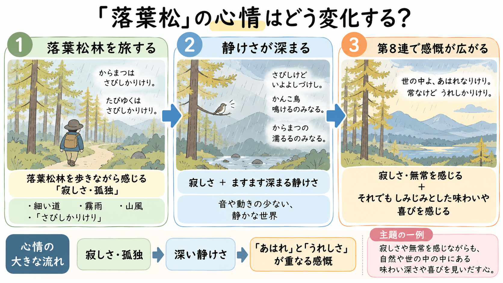 「北原白秋『落葉松』で、落葉松林を旅する話者の寂しさや孤独が、深い静けさを経て、第8連の『あはれ』と『うれしさ』が重なる感慨へ広がっていく流れを示した図解。」