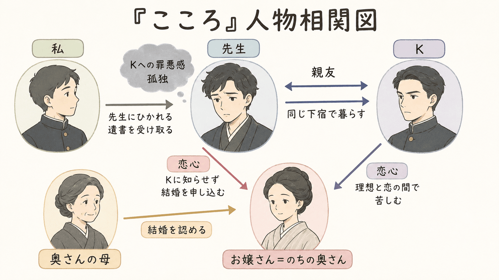 夏目漱石「こころ」の先生、私、K、お嬢さん、奥さんの母の関係を整理した人物相関図