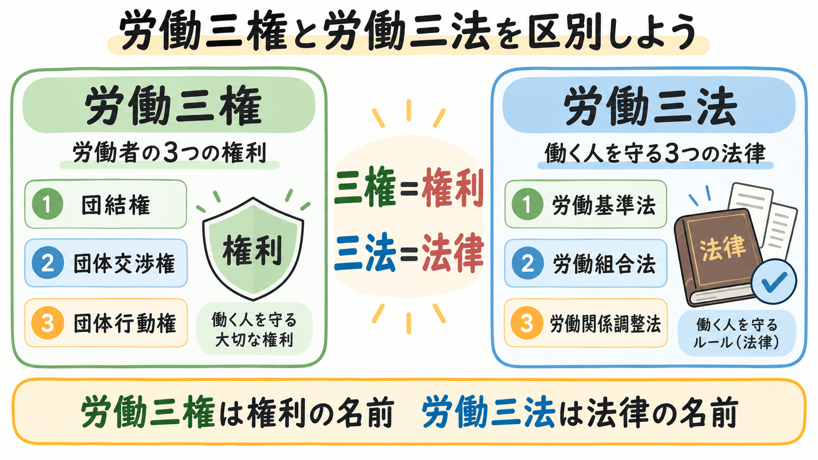 労働三権は団結権・団体交渉権・団体行動権、労働三法は労働基準法・労働組合法・労働関係調整法であることを比較した図解。