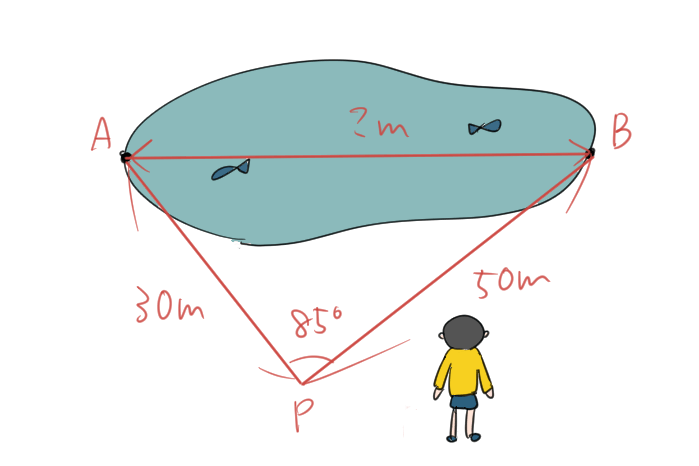 池の長さを測ろうとしている男の子のイラスト