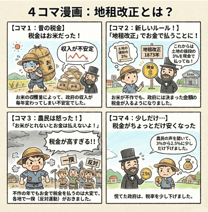 明治時代の地租改正について説明する4コマ漫画