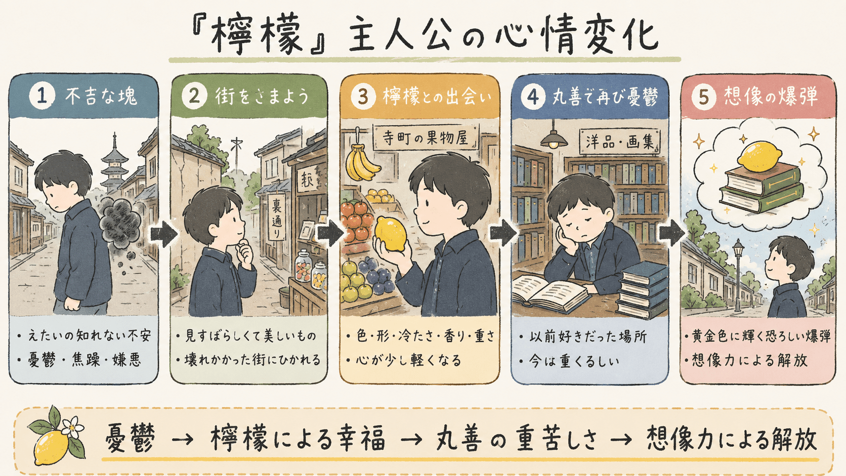 梶井基次郎「檸檬」の主人公の心情変化を、不吉な塊、檸檬との出会い、丸善での憂鬱、爆弾の想像まで流れで整理した図解