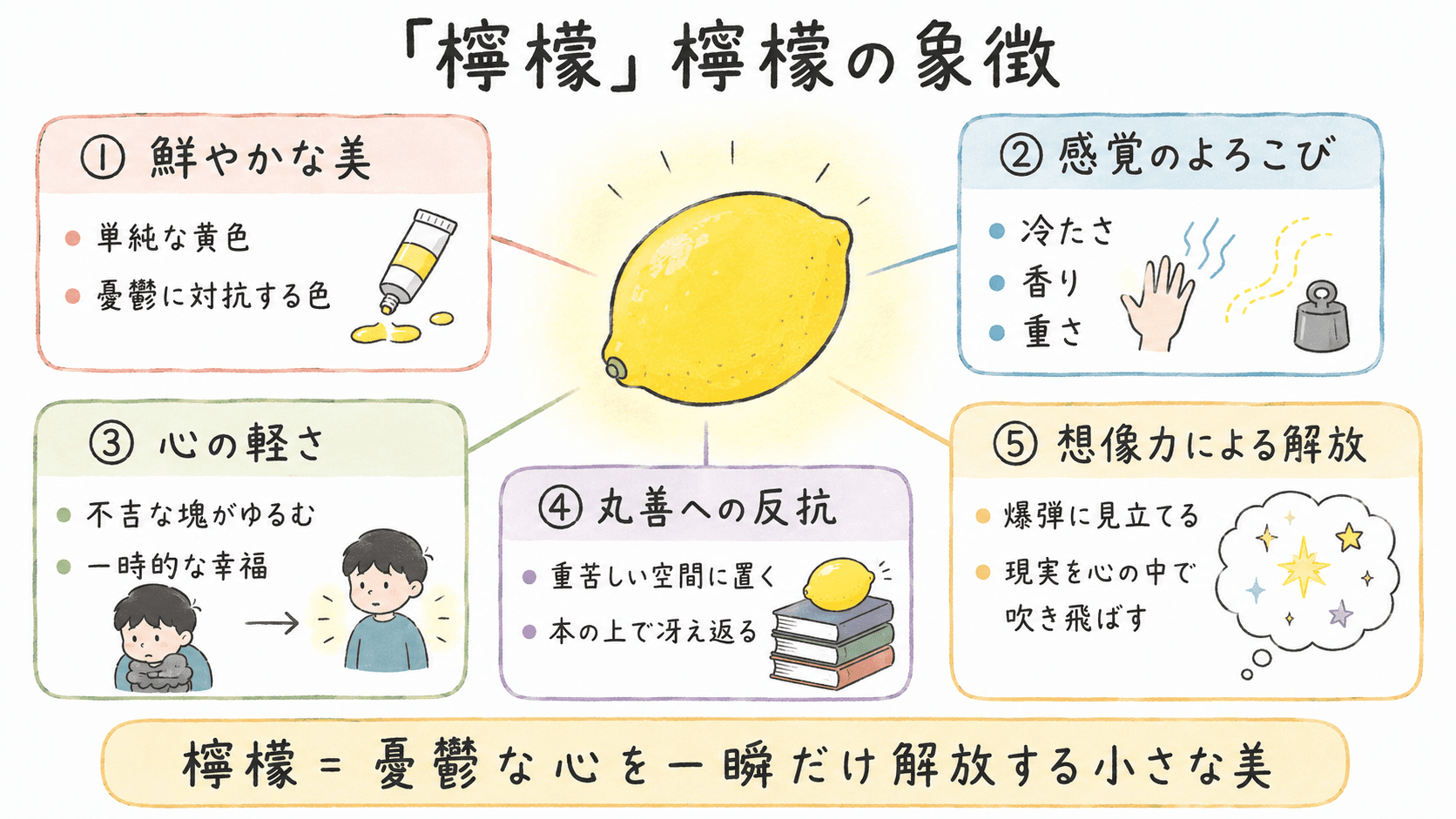梶井基次郎「檸檬」における檸檬の象徴を、色、冷たさ、香り、重さ、想像力の面から整理した図解