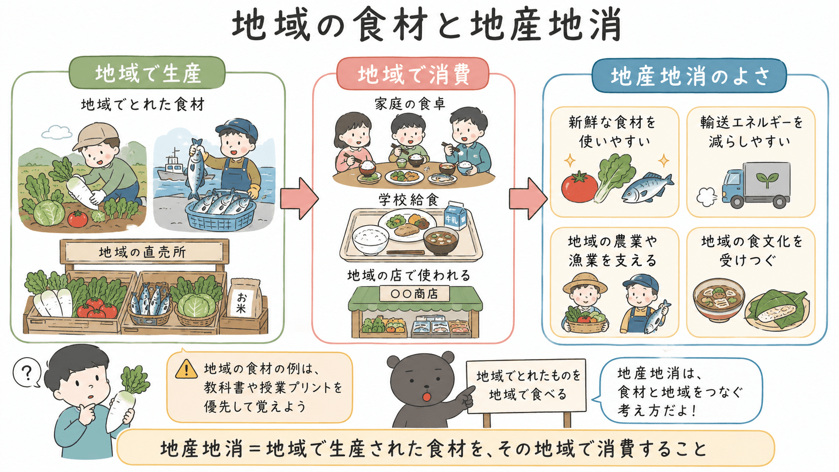 地域で生産された食材を地域で消費する地産地消の意味と、新鮮さ・輸送エネルギー・地域産業・食文化の継承との関係を示した図解。