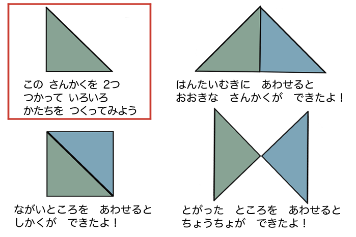 ２つの三角形で四角や大きな三角形を作っているイラスト
