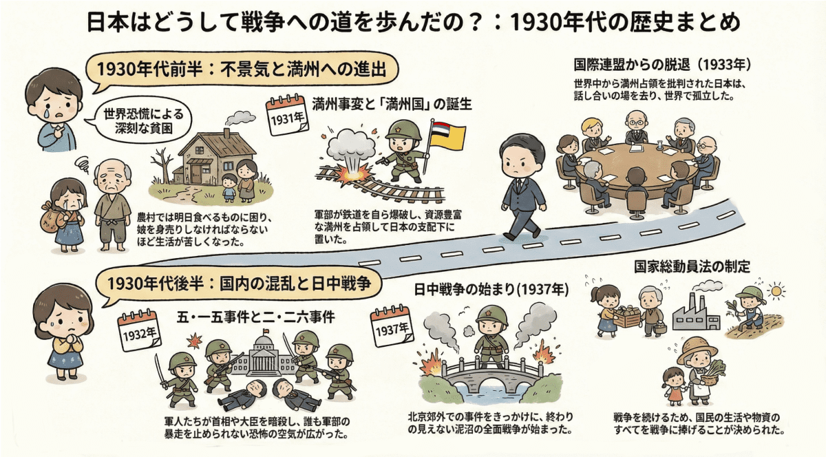 満州事変、国際連盟からの脱退、五・一五事件、二・二六事件、日中戦争の始まりと国家総動員法の制定を小学生向けに説明する図解インフォグラフィック