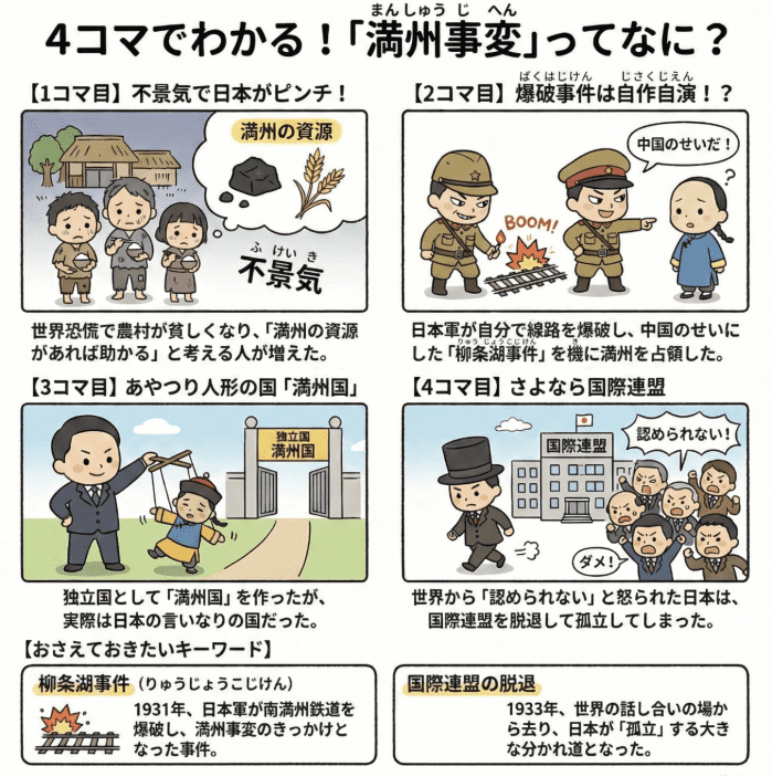 満州事変について説明する小学生向けの四コマ漫画