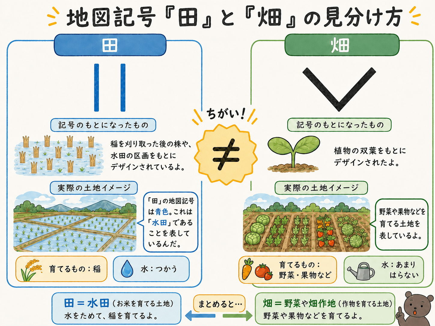 地図記号「田」と「畑」の違いを比較した小学生向け図解。田は青色で水田、畑は黒色で畑作地を表す。