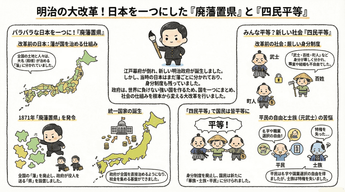 明治時代の廃藩置県と四民平等について説明する図解インフォグラフィック