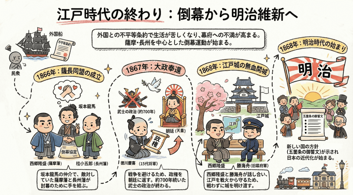 大政奉還と討幕運動、坂本龍馬と薩長同盟、無血開城を説明する図解インフォグラフィック