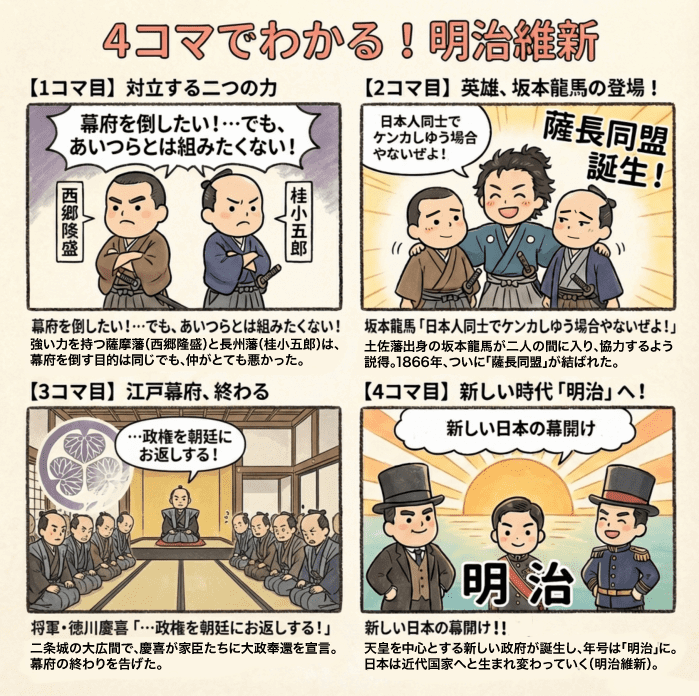 江戸時代の明治維新について説明する4コマ漫画