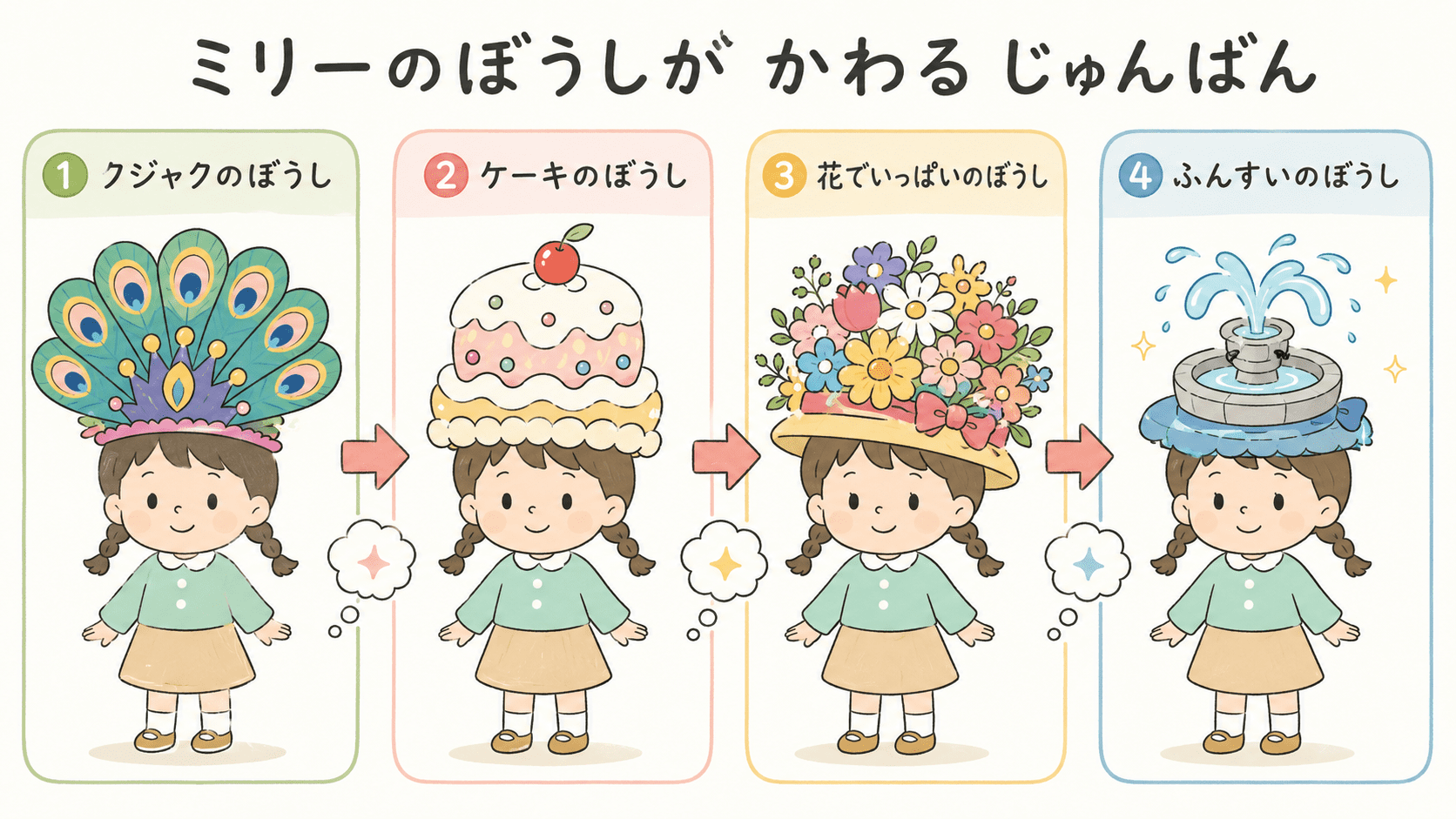 ミリーがそうぞうしたぼうしが、クジャクのぼうし、ケーキのぼうし、花でいっぱいのぼうし、ふんすいのぼうしへと変わっていく順番をまとめた図解
