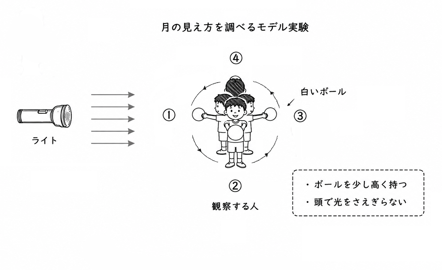 ライトと白いボールを使い、体ごと回って月の見え方を調べるモデル実験の問題図