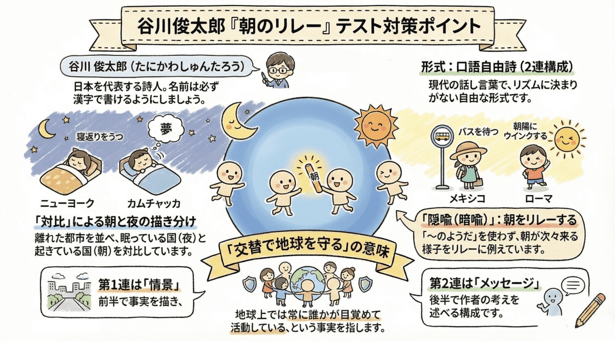 谷川俊太郎の詩「朝のリレー」のテスト対策ポイントを説明する図解イラスト