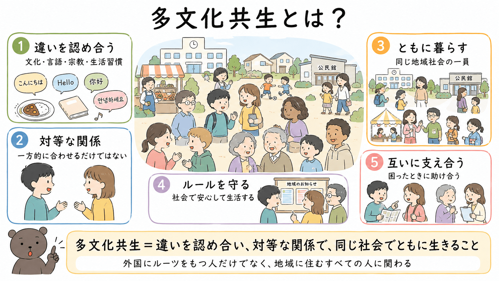 多文化共生とは、国籍や民族、文化、言語、宗教、生活習慣などが異なる人々が、違いを認め合い、対等な関係を築きながら同じ社会でともに生きることを示した中学公民の図解