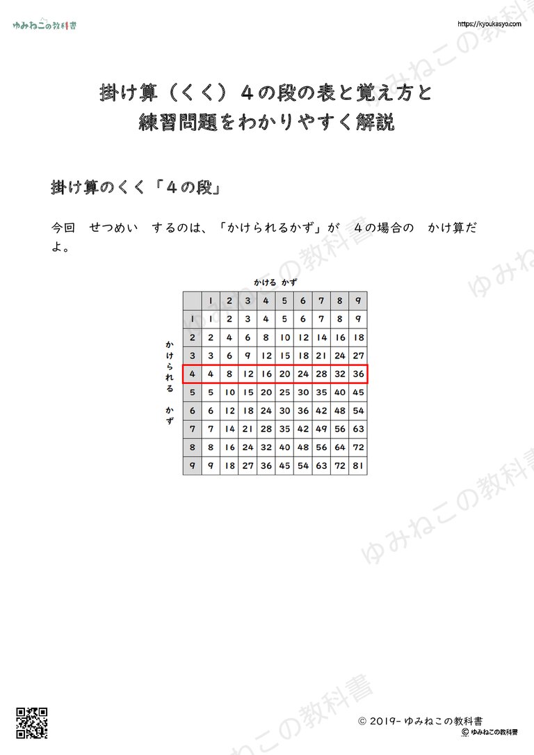 掛け算（くく）４の段の表と覚え方と 練習問題をわかりやすく解説
