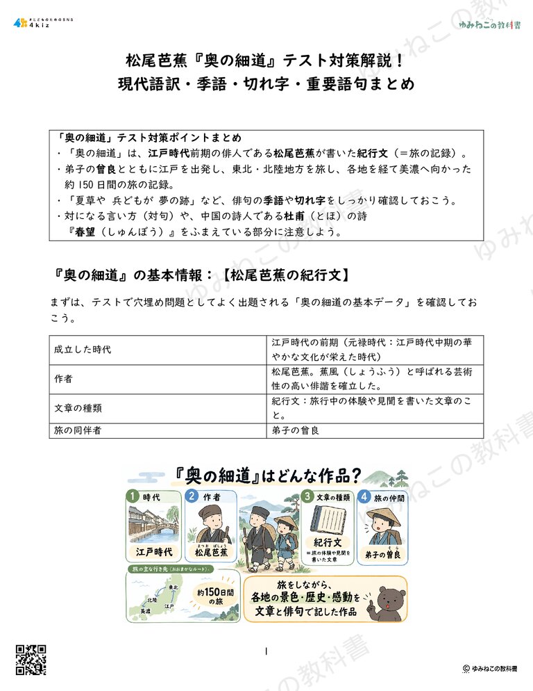松尾芭蕉『奥の細道』テスト対策解説！現代語訳・季語・切れ字・重要語句まとめ