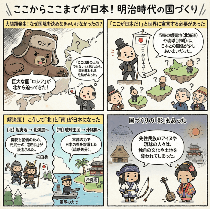 明治時代の国づくりについて説明する4コマ漫画
