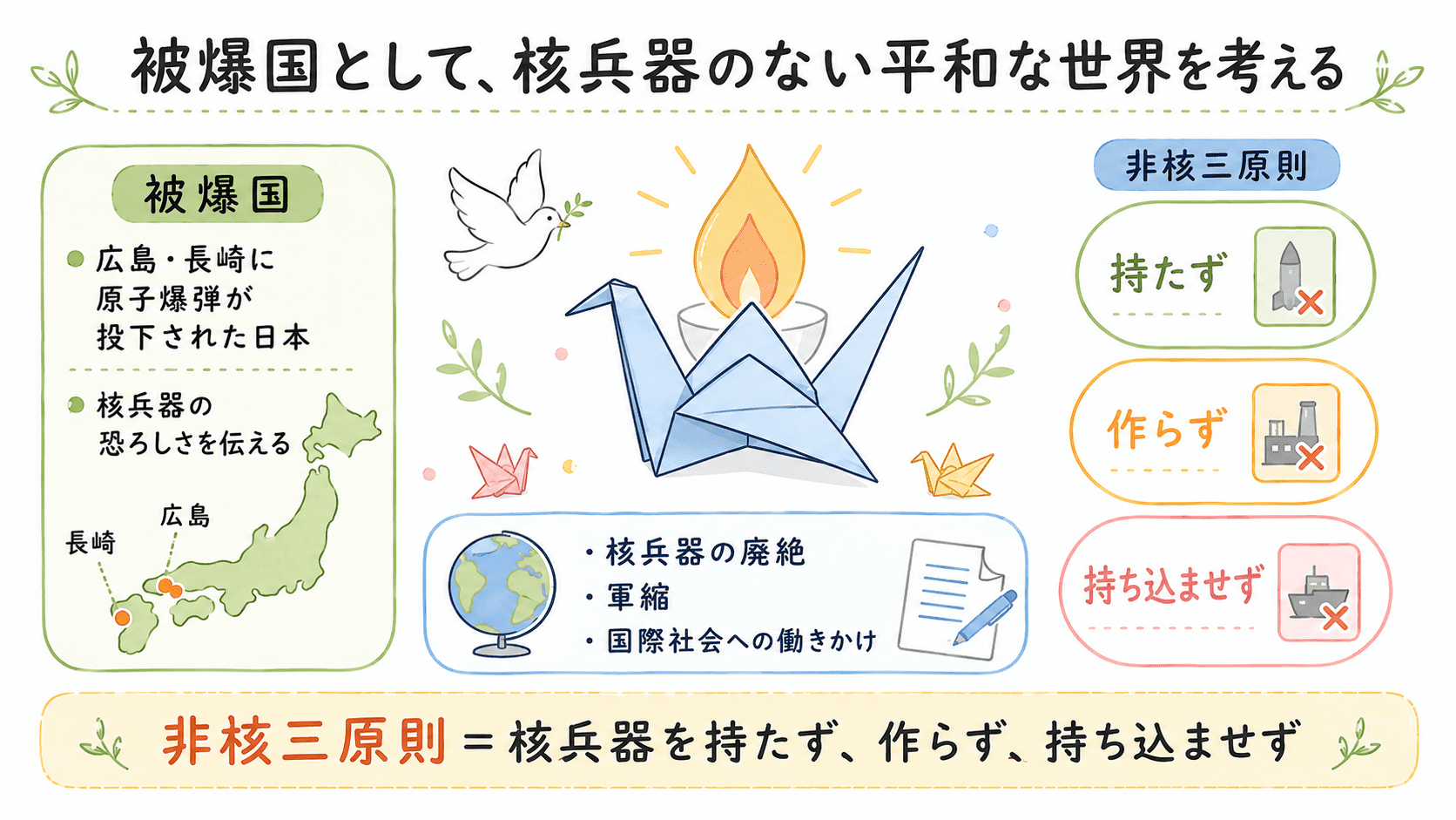 日本は広島と長崎に原子爆弾が投下された被爆国であり、非核三原則として核兵器を持たず、作らず、持ち込ませずを大切にしていることを示した図解