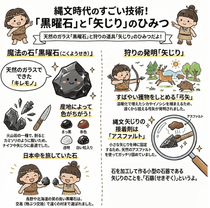 縄文時代の黒曜石と矢じりの特徴を説明する図解イラスト