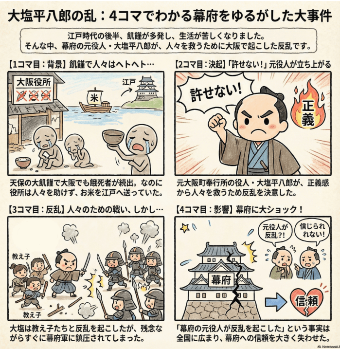江戸時代の大塩平八郎の乱について説明する4コマ漫画