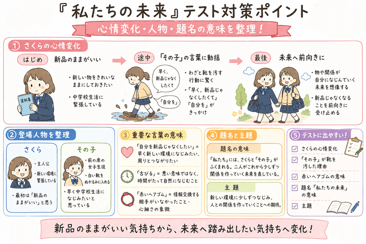 朝井リョウの「私たちの未来」のテスト対策ポイントを説明する図解イラスト