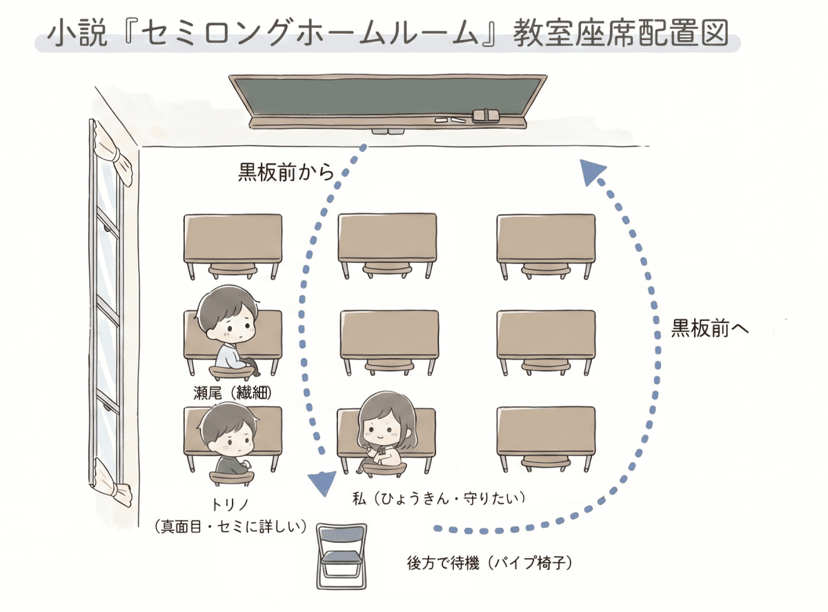 戸森しるこの「セミロングホームルーム」のトリノ・瀬尾・私の教室での座席の配置図と、先生の動き方を説明する図解イラスト
