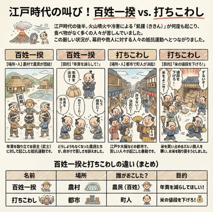 江戸時代の百姓一揆と打ちこわしについて説明する4コマ漫画