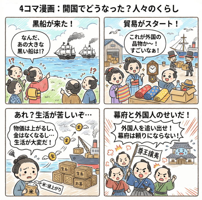 江戸時代の開国により人々の生活がどうなったかについて説明する4コマ漫画