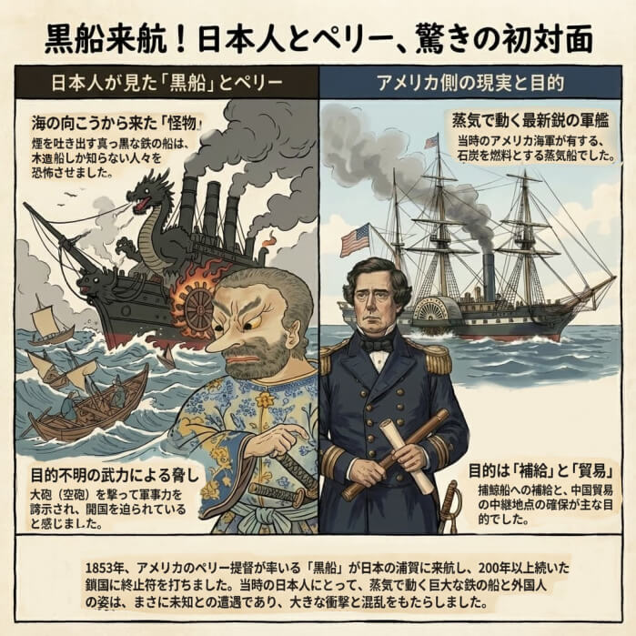 ペリーを江戸時代の人々がどう感じたかについて説明する図解イラスト
