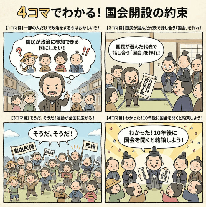 国会開設の勅諭について説明する4コマ漫画