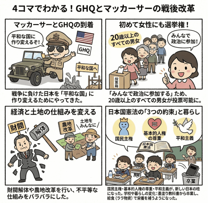 GHQとマッカーサーの戦後改革を説明する小学生向けの四コマイラスト