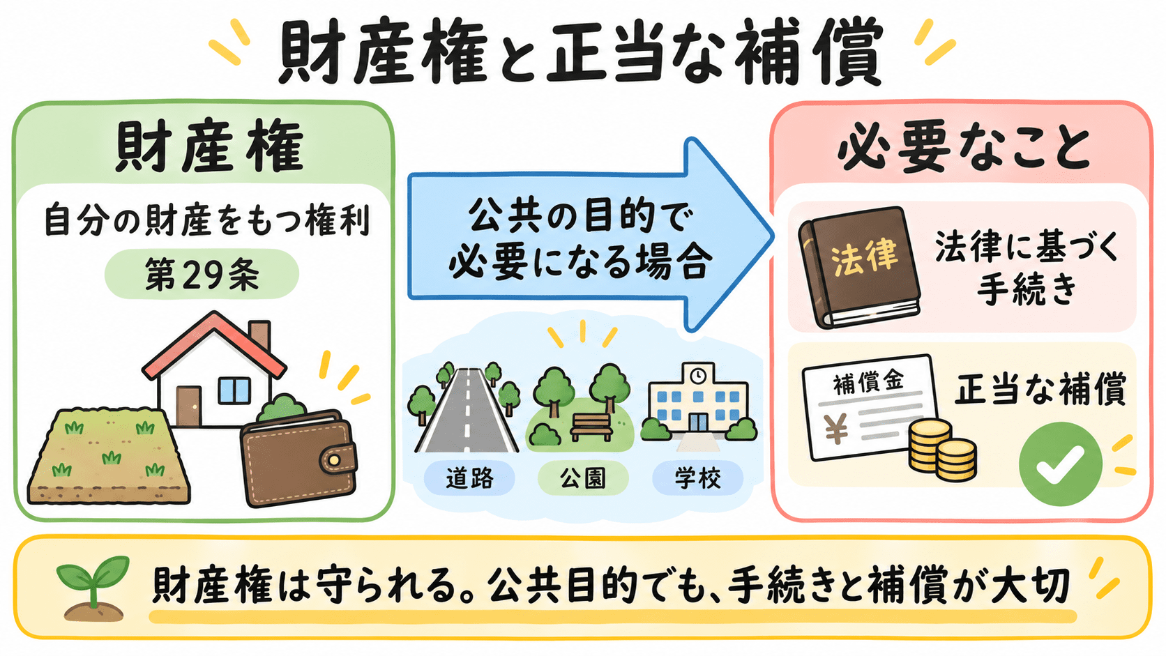 財産権は自分の財産をもつ権利であり、公共の目的のために私有財産が使われる場合には法律に基づく手続きと正当な補償が必要になる場合があることを示した図解
